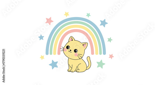 Cute cartoon kitten sitting beneath a pastel rainbow with scattered stars on a white background.