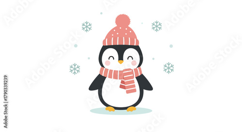 Cartoon penguin wearing a pink knitted hat and scarf, surrounded by snowflakes on a white background.