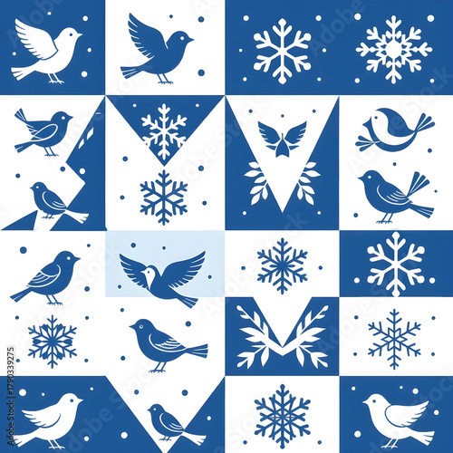 Seamless New Year pattern with birds and snowflakes in white and blue colors. Christmas design for holiday backgrounds, wallpapers, interior decorations, tiles, wrapping paper, napkins, etc.
