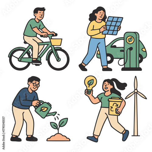 Isolated illustration of people separated layered scenes promoting eco friendly lifestyle