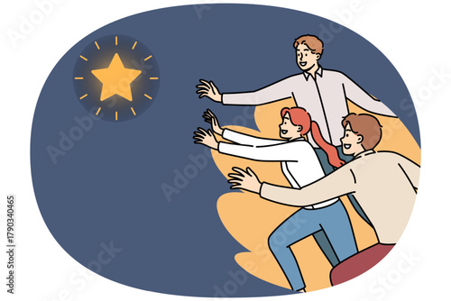 Team of business employees is chasing star to achieve professional success and fulfill group goal. Team of office workers demonstrate ambition and inspiration as they compete to fulfill sales plan.