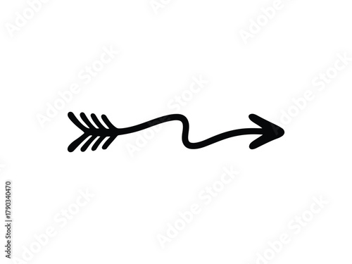 A whimsical black arrow with a feathered tail and a playful curve, , pointing rightward with a sense of direction and lightheartedness