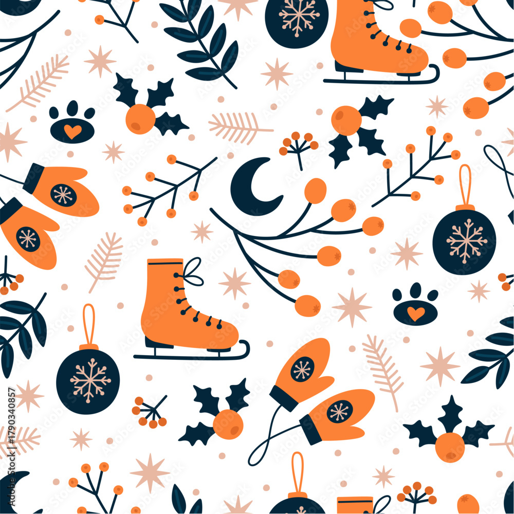 Fototapeta premium Christmas pattern with festive decor. Ice skates, mittens, branches, berries, and snowflakes.