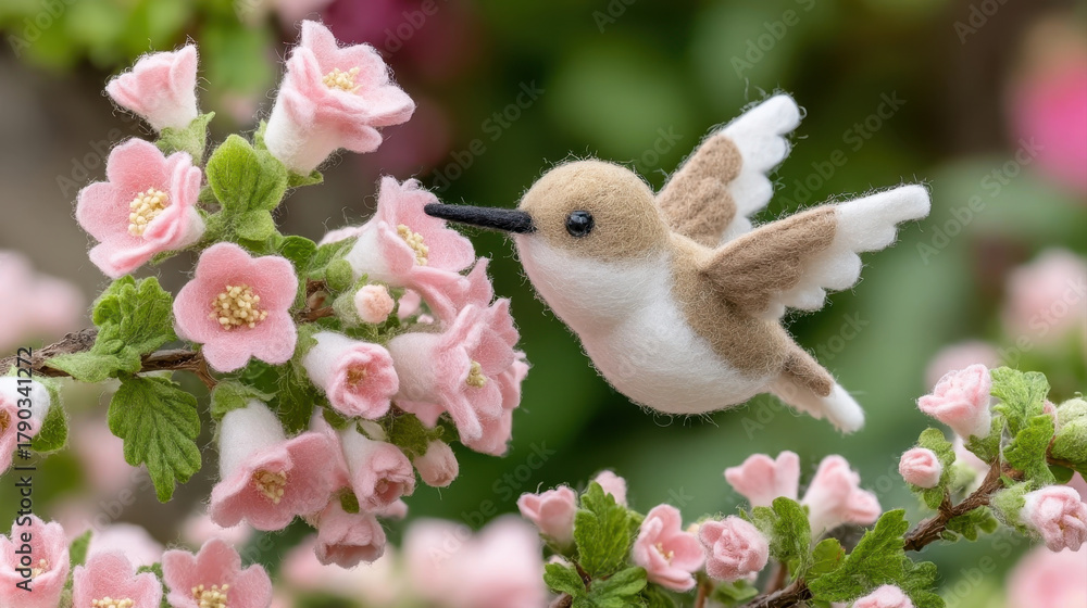 Obraz premium Felt hummingbird hovers joyfully over pink flowers, showcasing intricate craftsmanship and vibrant colors in natural setting