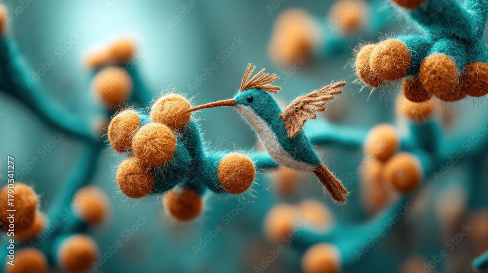 Obraz premium Felt hummingbird with vibrant colors hovers near cluster of felt flowers, creating whimsical and artistic scene. soft textures and intricate details evoke sense of wonder and creativity