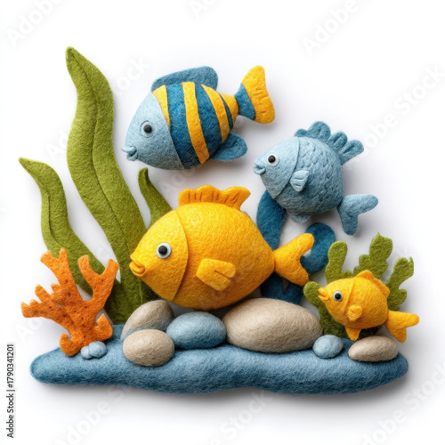 Colorful felt fish and seaweed create whimsical underwater scene, featuring vibrant orange and blue hues. playful design evokes sense of joy and creativity