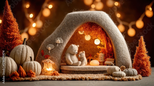 Cozy felt bear cub and parent sit in warm, glowing autumn scene surrounded by pumpkins and soft lights, creating charming and inviting atmosphere