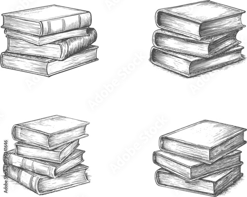 Set illustrations of stack of book isolated on transparent background. Vector graphics