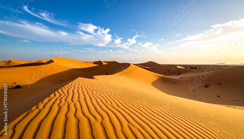 Fototapeta Naklejka Na Ścianę i Meble -  Vast desert landscape with undulating sand dunes bathed in warm sunlight. Vivid blue sky with wispy clouds. Textured foreground