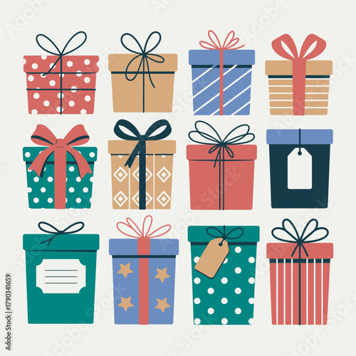 Set of colorful vector gift boxes with ribbons and bows for holidays and celebrations