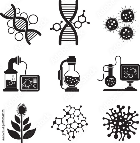 Scientific research icons depicting dna molecules viruses and laboratory equipment science