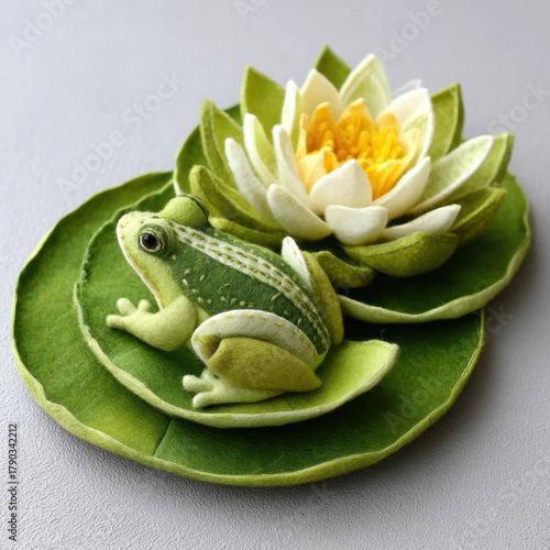 Felt frog perched on glowing lily pad in serene setting, showcasing intricate craftsmanship and vibrant colors. scene evokes sense of tranquility and whimsy