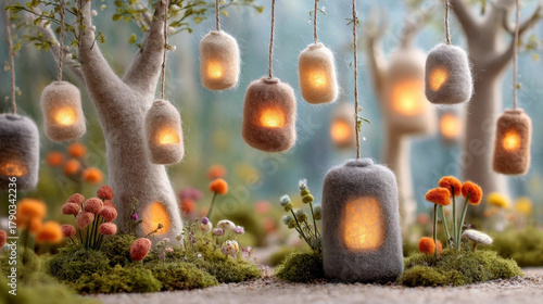 Whimsical felt garden with glowing lanterns hanging from trees creates magical atmosphere. soft textures and warm lights evoke sense of wonder and tranquility