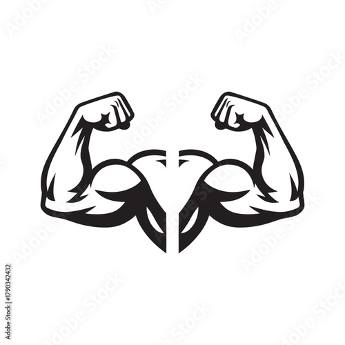 Dynamic Muscle Flexing Silhouette: Black and White, High Contrast, Strength and Power Emblem"