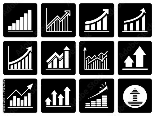 A 3x4 grid of black-and-white flat design icons, each one a unique interpretation of upward motion — bar charts growing taller, arrows curving upward, or diagonal lines ascending. The icons share a co