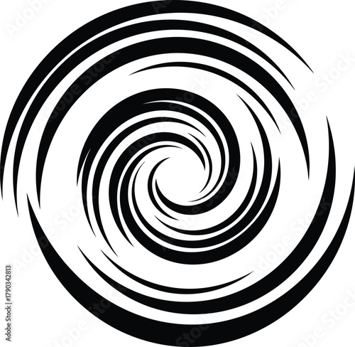 Clean abstract black and white circular swirly vortex lines graphic, simple artistic spin effect vector element, modern design background.