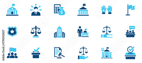 Modern blue icons collection for law, justice, government, politics, and finance