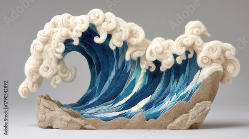 Fototapeta Naklejka Na Ścianę i Meble -  Felt sculpture of ocean wave curls towards shore, showcasing intricate details and vibrant blue hues. wool texture adds soft, artistic touch to dynamic scene