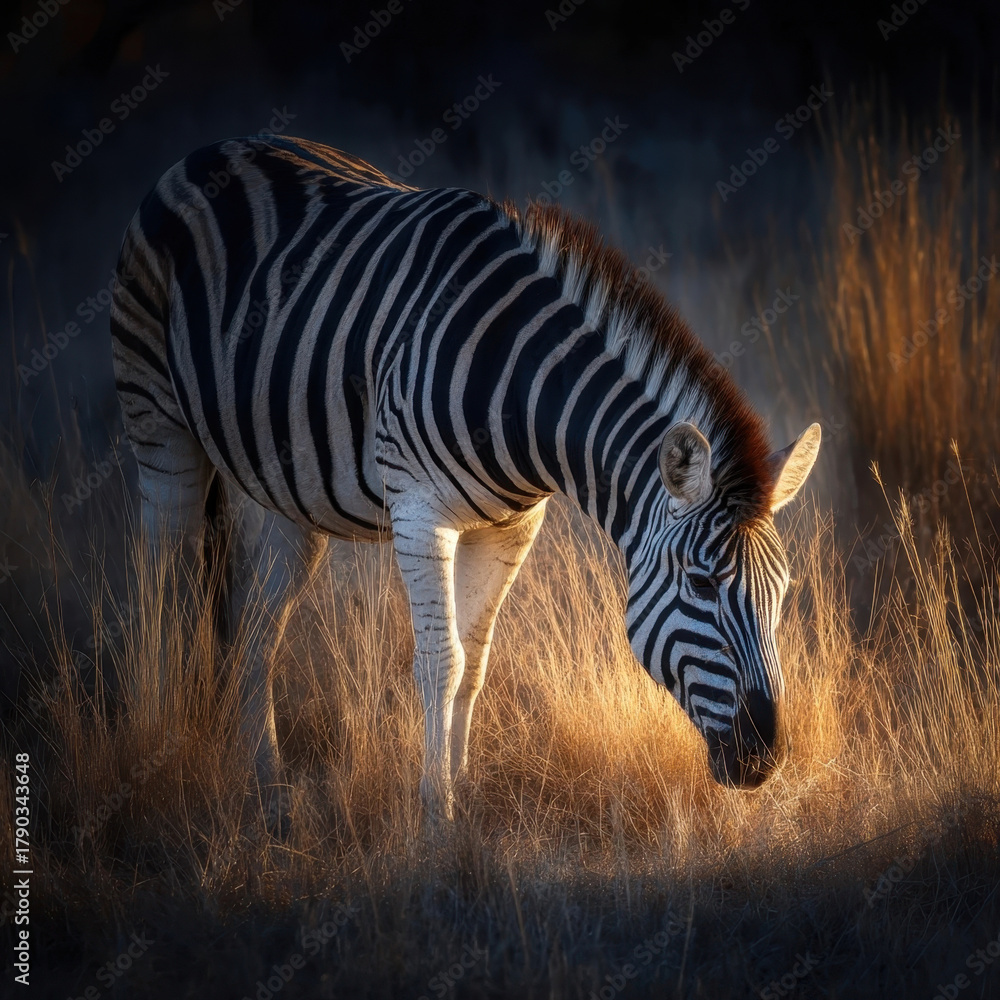 Obraz premium Zebra grazes peacefully in glowing grassland, its stripes contrasting beautifully with soft, illuminated surroundings. serene scene captures essence of nature tranquility
