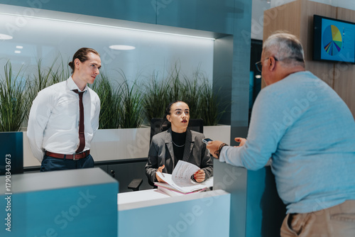 Фотография A professional office scene showing two staff members assisting a client at a sleek reception desk
