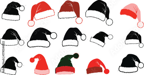 Santa hat silhouette vector icons, traditional Christmas hats with pom-poms and fur trim, isolated on white background, set of christmas hats