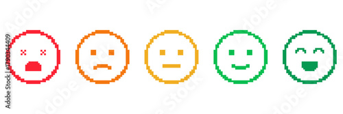 Pixel Art Emoticon Set. Emotional Expression And Mood Indicator Icons. Feedback And Sentiment Analysis Symbols. Isolated Vector Illustration