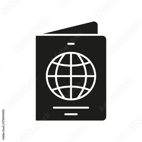 Passport With Globe Symbol Solid Icon. International Travel, Global Citizenship, And Identification Silhouette Symbol. Worldwide Mobility. Isolated Vector Illustration