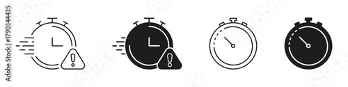 Stopwatch With Alert Icon Set. Time Management, Urgency, And Deadline Notification Outline And Silhouette Symbol Collection. Efficiency And Productivity. Isolated Vector Illustration