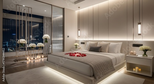 A luxurious bedroom is bathed in soft, ambient lighting, creating a romantic and inviting atmosphere with rose petals scattered on the bed, fresh flowers, and a serene city view visible through the wi