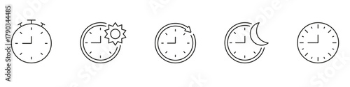 Clock And Time Management Line Icon Set. Stopwatch, Day And Night Cycle, And Time Tracking Outline Symbol Collection. Time Management And Scheduling. Editable Stroke. Isolated Vector Illustration