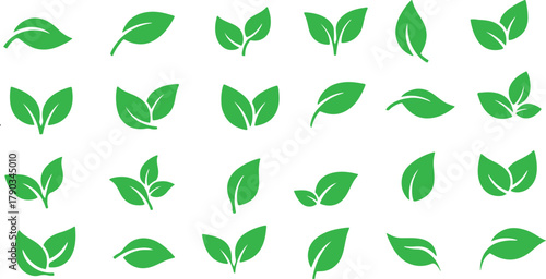 Green Leaf Icons Set – Eco, Bio, and Vegan Symbol Collection in Vector Illustration