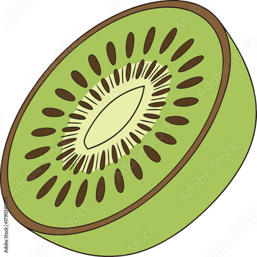 Kiwi fruit slice with vibrant green flesh and brown seeds graphic.