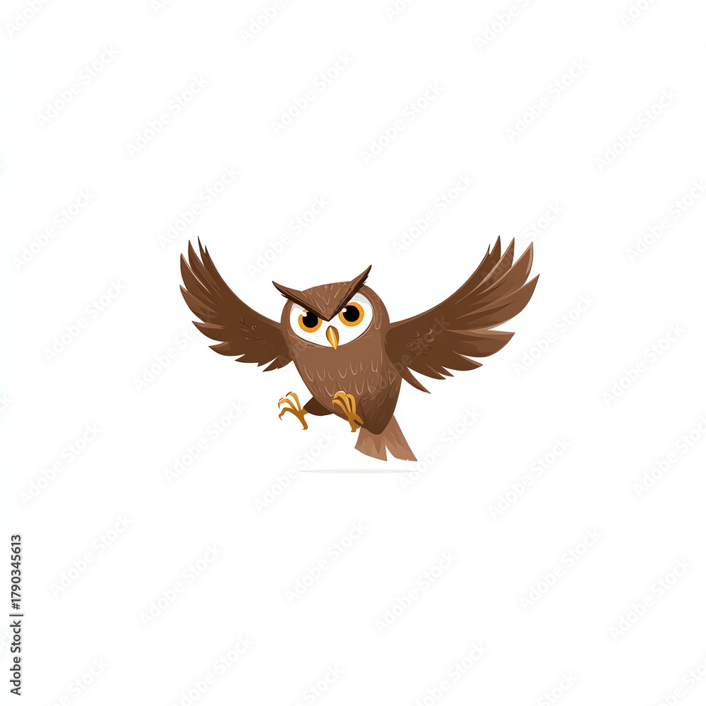 Obraz premium Cartoon owl with wings spread, isolated on a white background