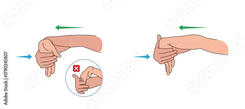 Wrist Extension and Flexion Stretch Exercise. Diagram for Carpal Tunnel Syndrome Prevention and Repetitive Strain Injury Relief.