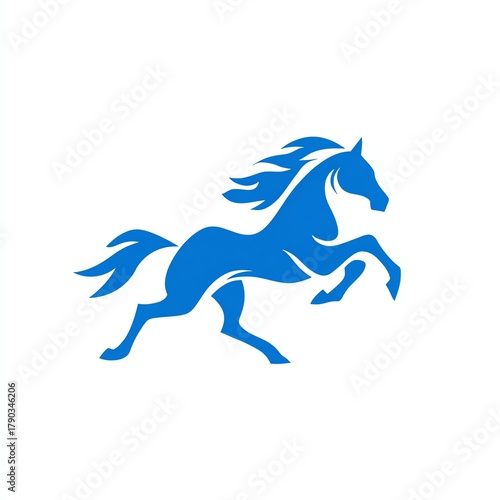 A dynamic blue horse silhouette in motion on a white isolated background.