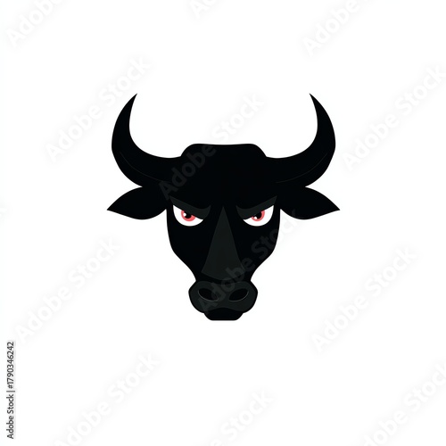 Black bull head with intense eyes on a white isolated background.