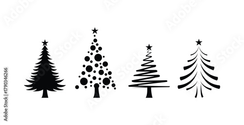 Set  of pine and fir Christmas tree designs . Christmas tree silhouettes in various shapes and styles for Christmas design projects, winter decorations, greeting cards, sticker
