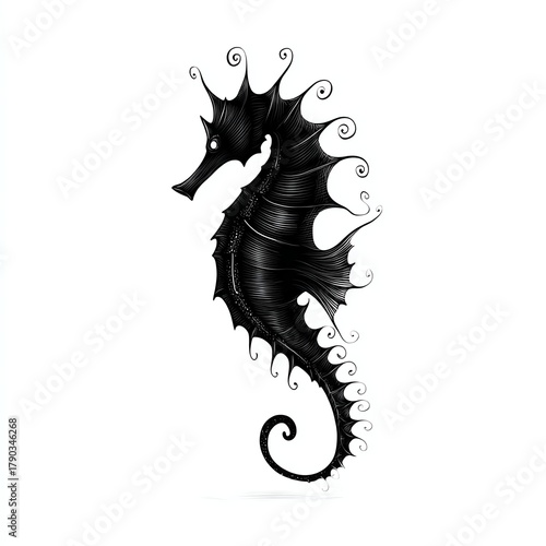 Stylized black seahorse design, intricate details, white isolated background.