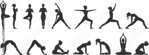 Set silhouettes of woman doing yoga isolated on transparent background. Vector illustration