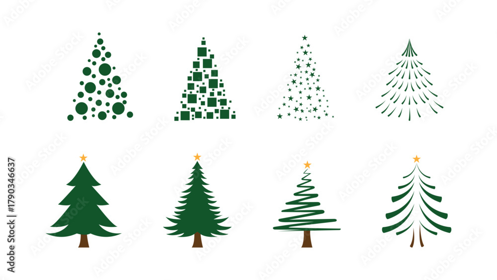 Obraz premium Collection Christmas Tree Silhouettes with Ornaments, Swirled and Starred Christmas Tree Icons in Flat Design. Christmas pine tree for winter decorations, greeting cards, stickers