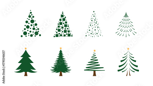 Collection Christmas Tree Silhouettes with Ornaments, Swirled and Starred Christmas Tree Icons in Flat Design. Christmas pine tree for winter decorations, greeting cards, stickers