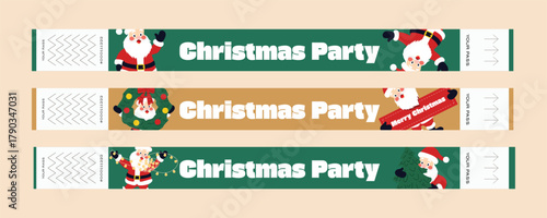Set of Christmas party wristbands — festive cartoon design with Santa Claus. Cute vector illustration of holiday entry tickets in red, green, and gold colors
