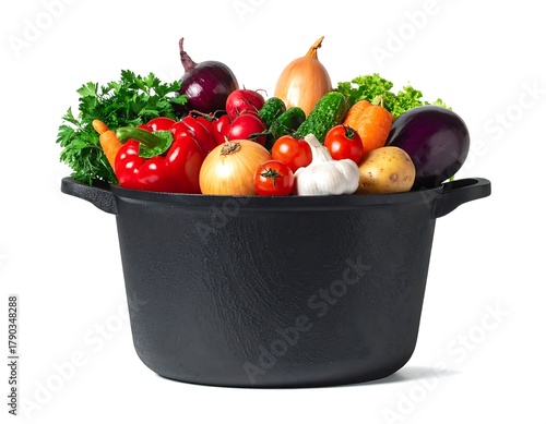 Vibrant assortment of fresh vegetables overflowing from a black cast iron pot, set against a stark white backdrop