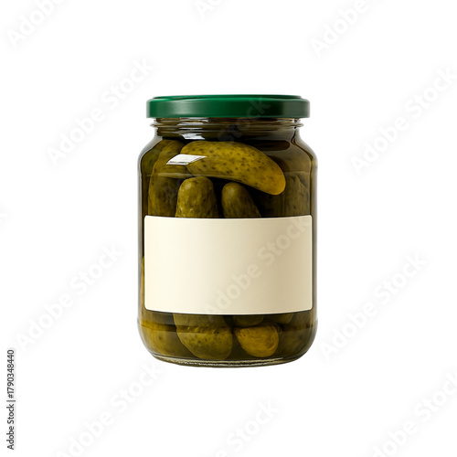Glass jar filled with pickled cucumbers in brine, sealed with green lid and blank label, isolated on transparent background. Packaging, branding, food blogs, and culinary design.