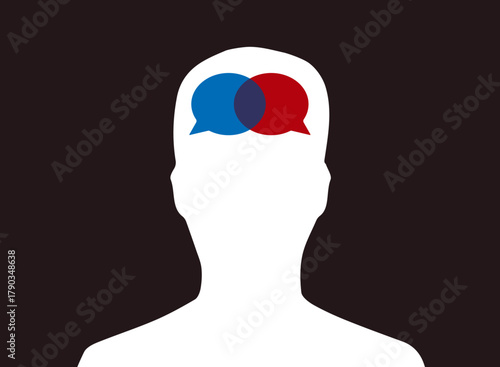 Man dual opinion in mind, double thoughts mental health illustration