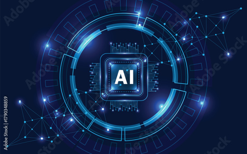 3D AI processor chipset on a dark blue background. Future cybernetic artificial intelligence and AI Chips with neon light. Big data and deep learning technology concept
