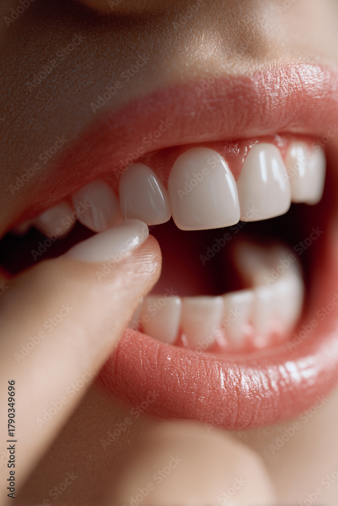 Obraz premium Close-up of a young woman showing perfect white teeth and healthy gums