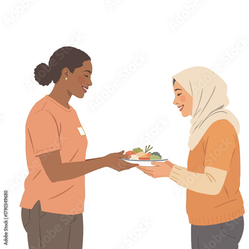 A person of color serves a plate of food to a woman wearing a hijab, promoting inclusivity