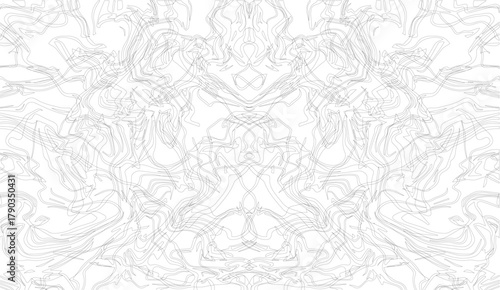 Abstract swirls in black and white create a symmetrical pattern, where delicate linework forms a complex, mirrored design against a bright backdrop, full of intricate details