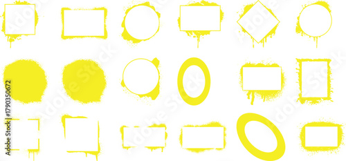Collection of Yellow Spray Paint Splatter Frames and Shapes on White Background